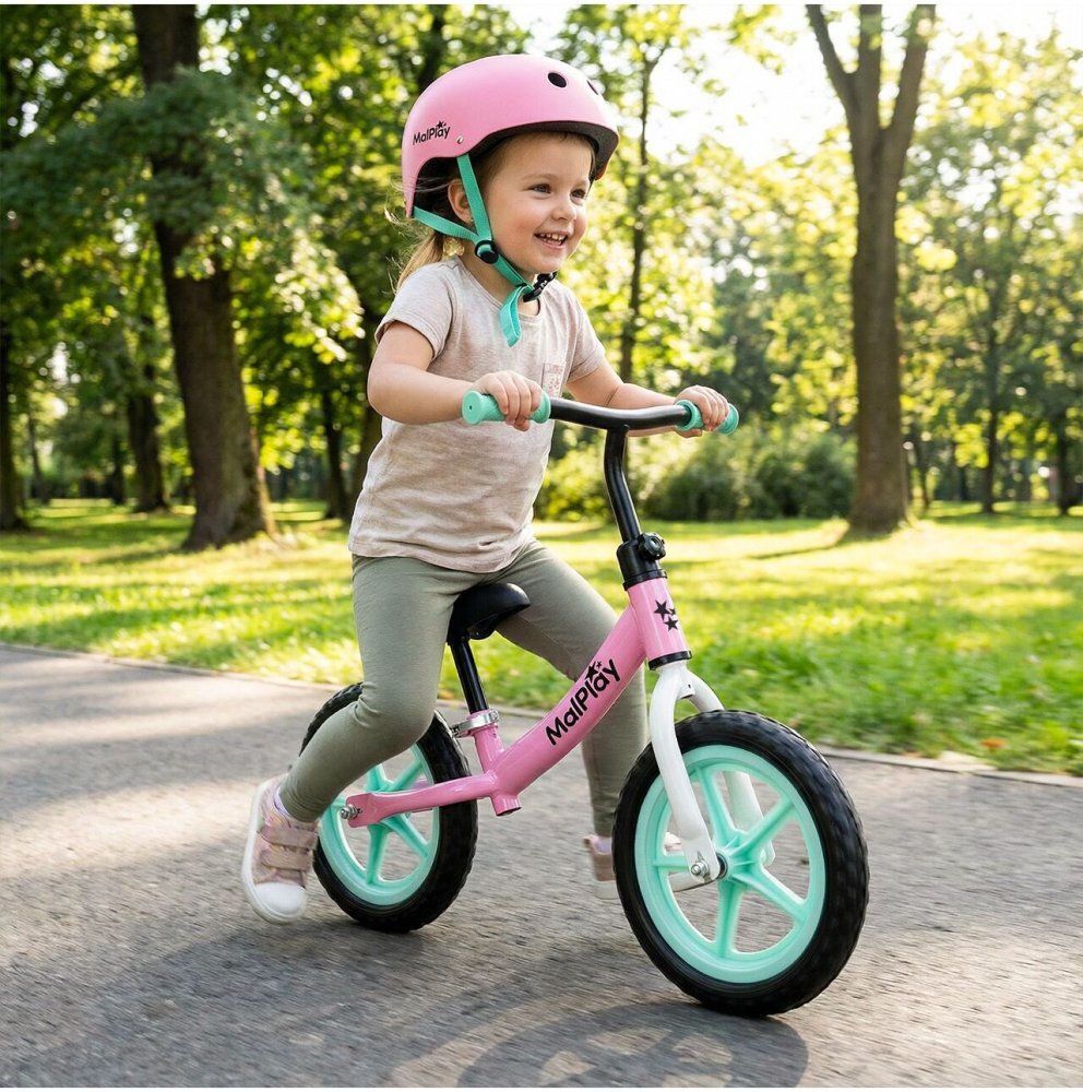 MalPlay Bicicleta de echilibru fara pedale pentru copii Fliki TurquoisePink 12 inch roti spuma EVA cu saua si ghidonul reglabile