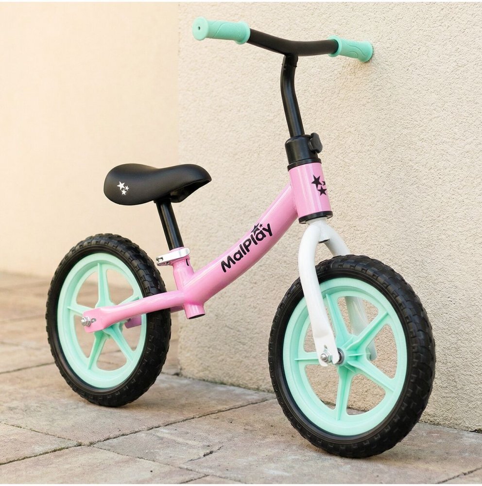 MalPlay Bicicleta de echilibru fara pedale pentru copii Fliki TurquoisePink 12 inch roti spuma EVA cu saua si ghidonul reglabile