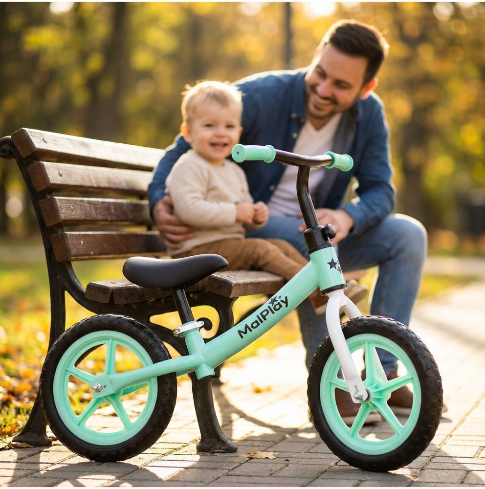 MalPlay Bicicleta de echilibru fara pedale pentru copii Fliki TurquoiseWhite 12 inch roti spuma EVA cu saua si ghidonul reglabile