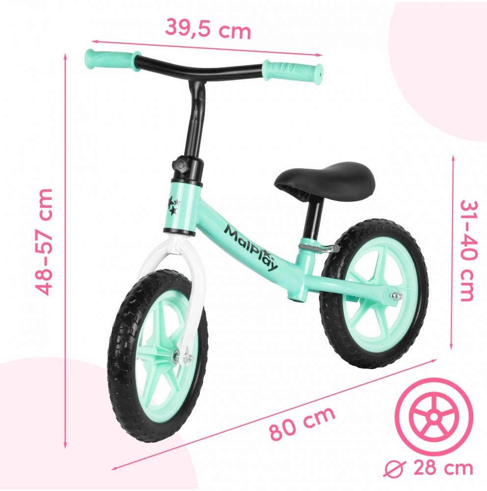MalPlay Bicicleta de echilibru fara pedale pentru copii Fliki TurquoiseWhite 12 inch roti spuma EVA cu saua si ghidonul reglabile