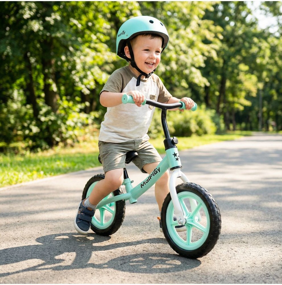 MalPlay Bicicleta de echilibru fara pedale pentru copii Fliki TurquoiseWhite 12 inch roti spuma EVA cu saua si ghidonul reglabile