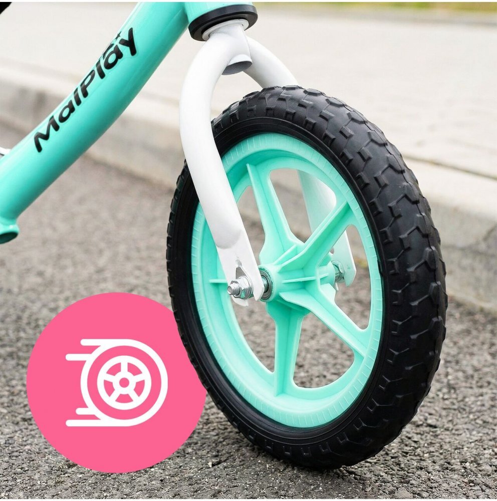 MalPlay Bicicleta de echilibru fara pedale pentru copii Fliki TurquoiseWhite 12 inch roti spuma EVA cu saua si ghidonul reglabile