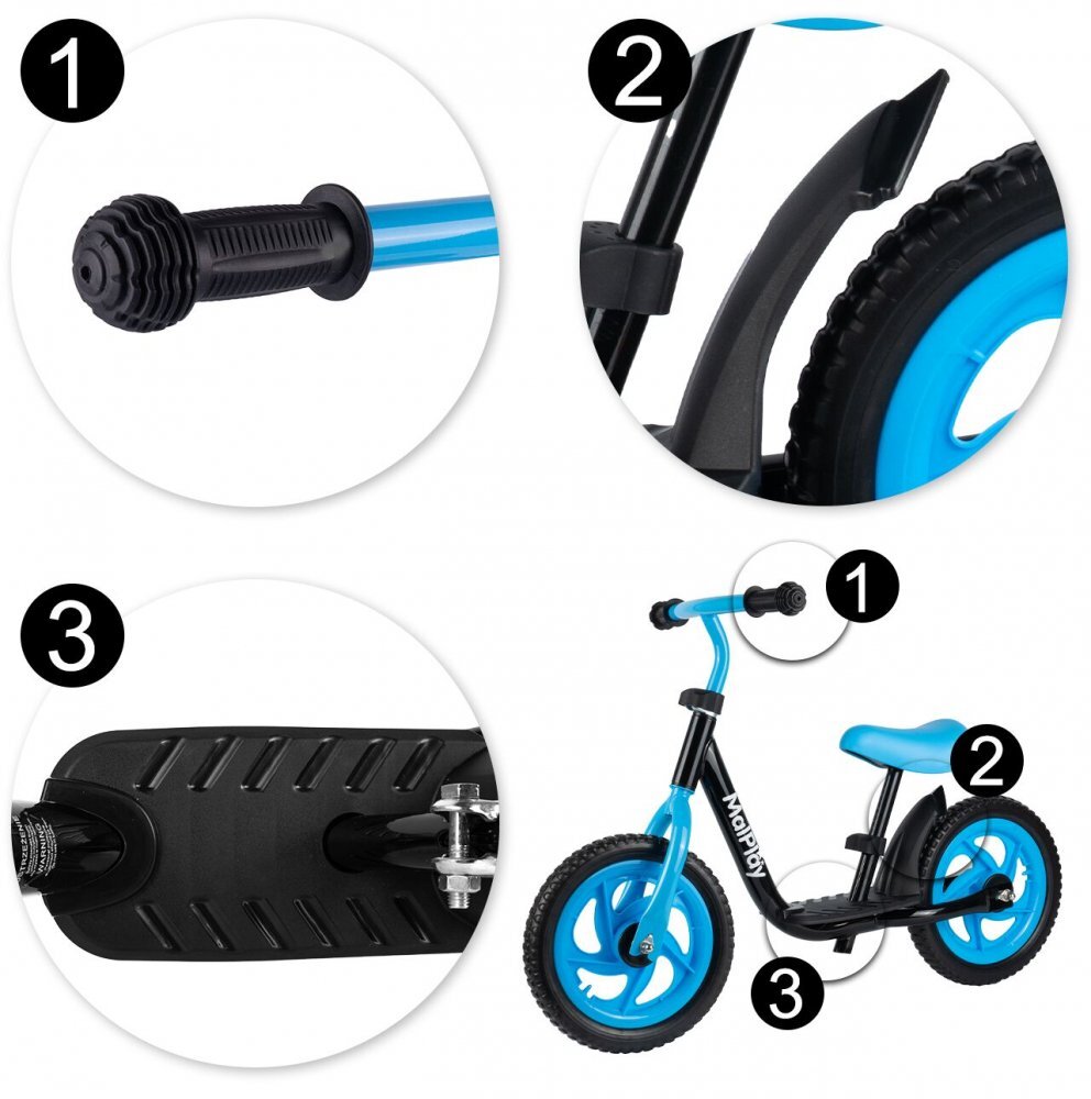 MalPlay Bicicleta de echilibru pentru copii blackblue cadru otel roti 12 inch saua si ghidonul reglabile pe inaltime
