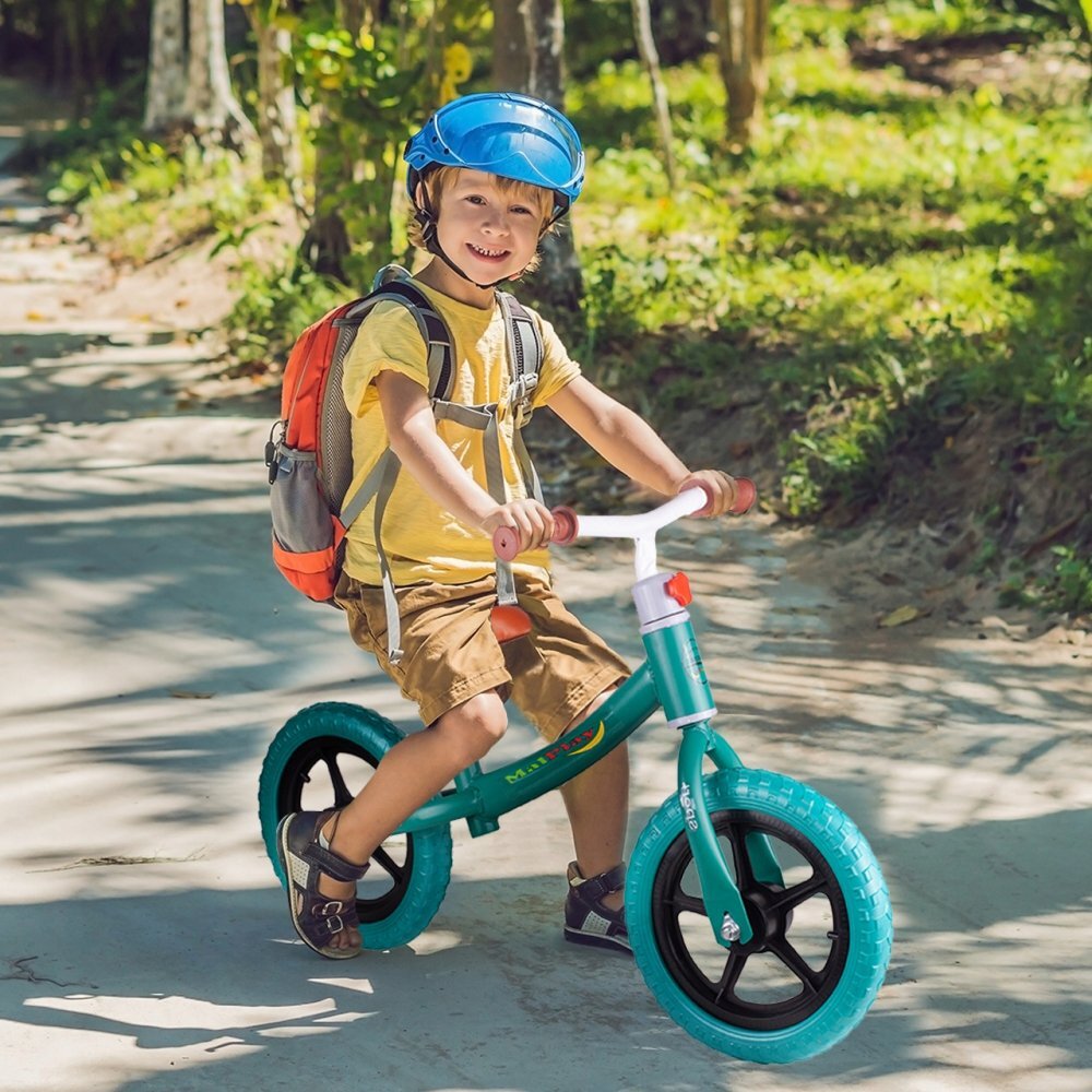 MalPlay Bicicleta fara pedale cu roti de 12 inch din spuma EVA cu scaun si ghidon reglabile in inaltime Push Sport Albastru inaltime sezut 29-34 cm de la 3 ani inaltime recomandata 80-108 cm