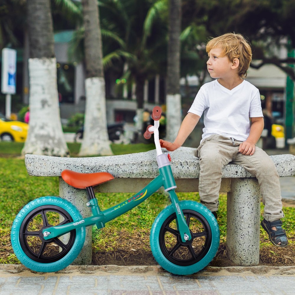 MalPlay Bicicleta fara pedale cu roti de 12 inch din spuma EVA cu scaun si ghidon reglabile in inaltime Push Sport Albastru inaltime sezut 29-34 cm de la 3 ani inaltime recomandata 80-108 cm