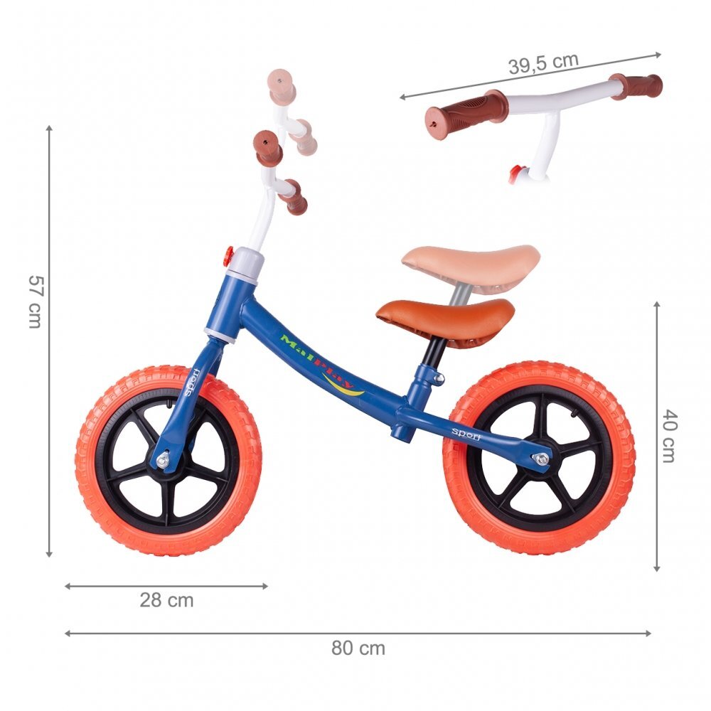 MalPlay Bicicleta fara pedale cu roti de 12 inch din spuma EVA cu scaun si ghidon reglabile in inaltime Push Sport AlbastruRosu inaltime sezut 29-34 cm de la 3 ani inaltime recomandata 80-108 cm AlbastruRosu