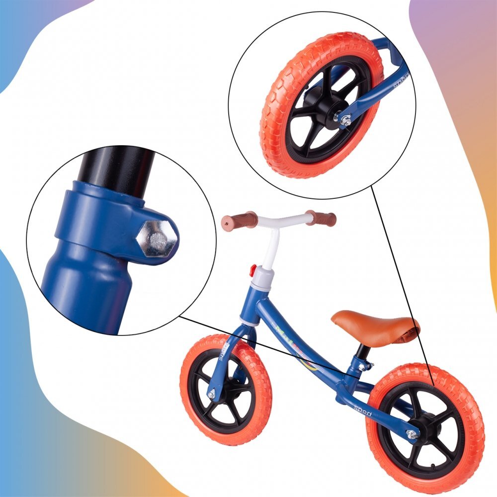 MalPlay Bicicleta fara pedale cu roti de 12 inch din spuma EVA cu scaun si ghidon reglabile in inaltime Push Sport AlbastruRosu inaltime sezut 29-34 cm de la 3 ani inaltime recomandata 80-108 cm AlbastruRosu