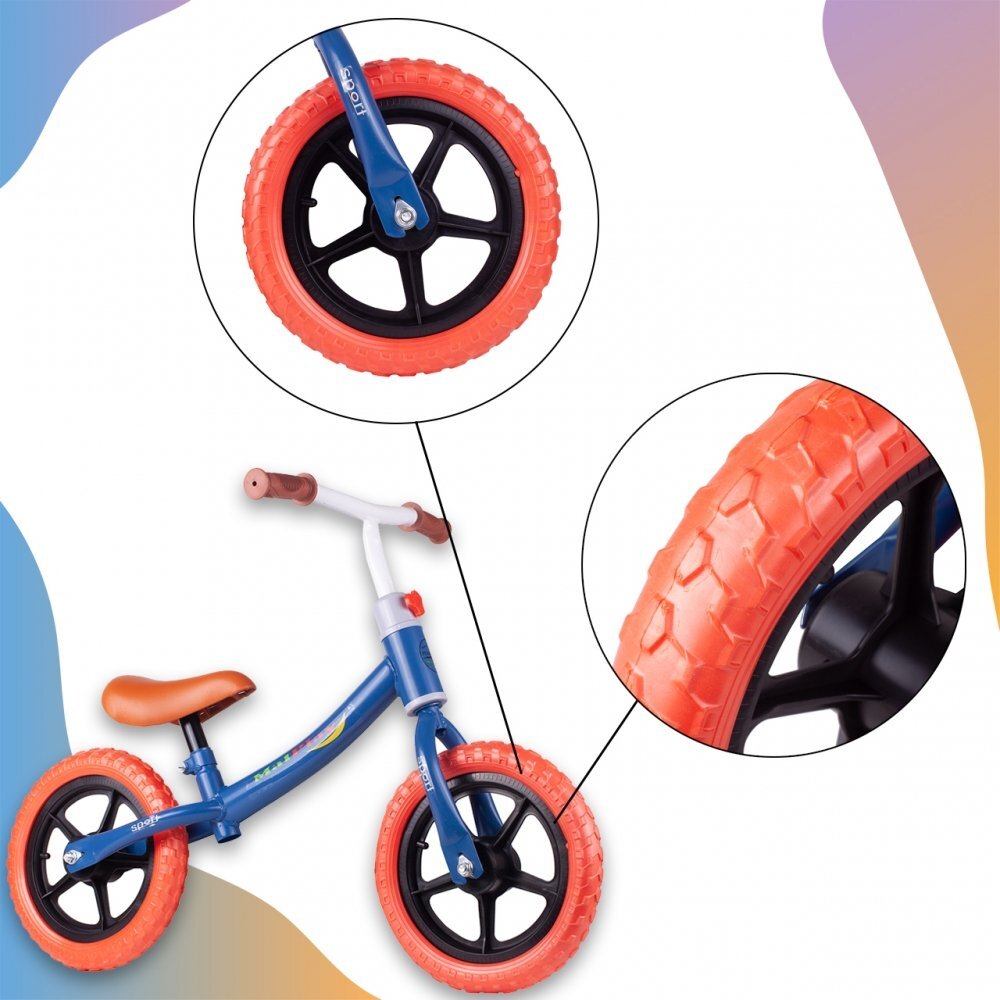 MalPlay Bicicleta fara pedale cu roti de 12 inch din spuma EVA cu scaun si ghidon reglabile in inaltime Push Sport AlbastruRosu inaltime sezut 29-34 cm de la 3 ani inaltime recomandata 80-108 cm AlbastruRosu