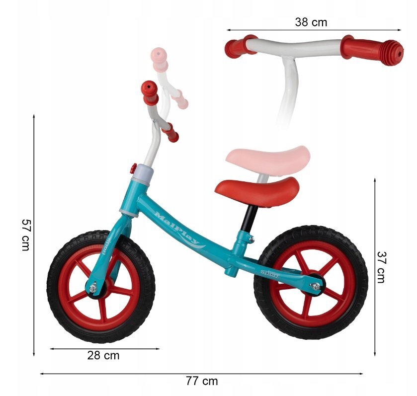 MalPlay Bicicleta fara pedale cu roti de 12 inch din spuma EVA cu scaun si ghidon reglabile in inaltime Push Sport Bicolor inaltime sezut 29-34 cm de la 3 ani inaltime recomandata 80-108 cm