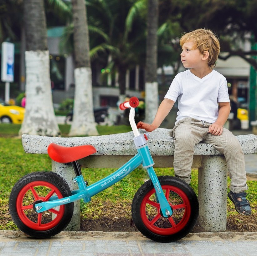 MalPlay Bicicleta fara pedale cu roti de 12 inch din spuma EVA cu scaun si ghidon reglabile in inaltime Push Sport Bicolor inaltime sezut 29-34 cm de la 3 ani inaltime recomandata 80-108 cm