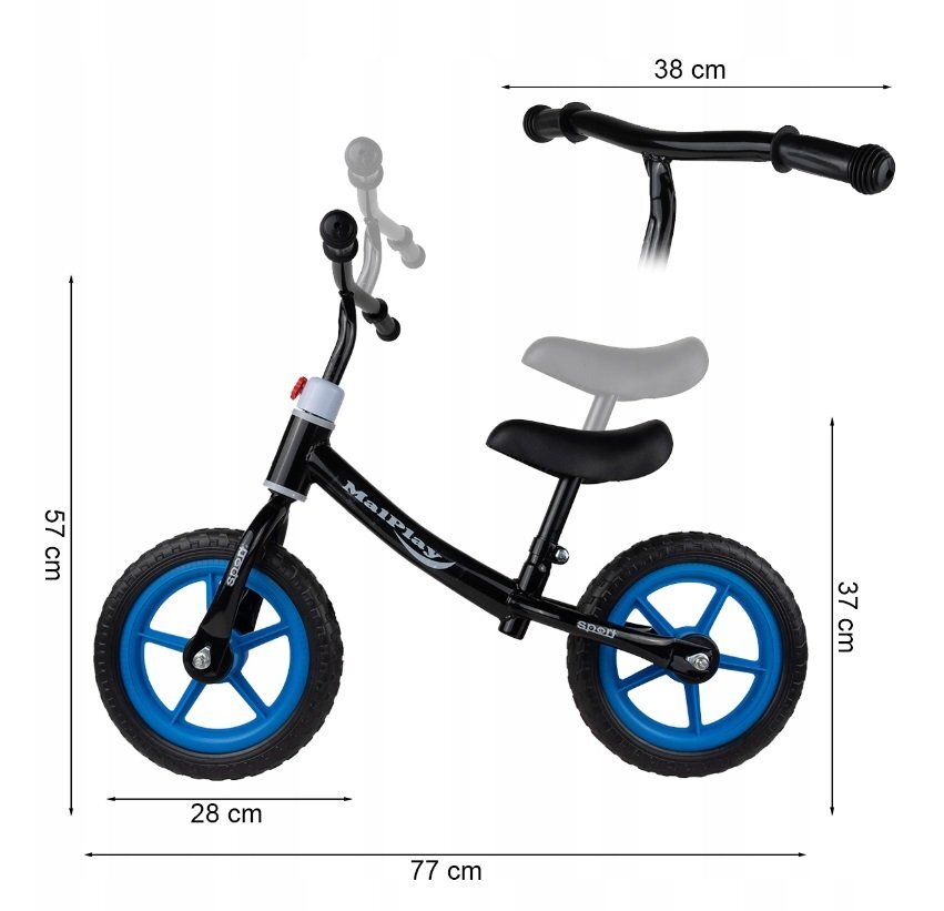 MalPlay Bicicleta fara pedale cu roti de 12 inch din spuma EVA cu scaun si ghidon reglabile in inaltime Push Sport Blue inaltime sezut 29-34 cm de la 3 ani inaltime recomandata 80-108 cm