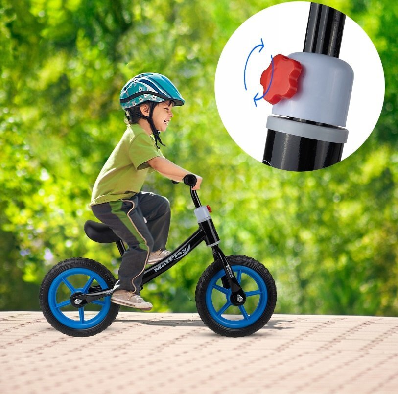 MalPlay Bicicleta fara pedale cu roti de 12 inch din spuma EVA cu scaun si ghidon reglabile in inaltime Push Sport Blue inaltime sezut 29-34 cm de la 3 ani inaltime recomandata 80-108 cm
