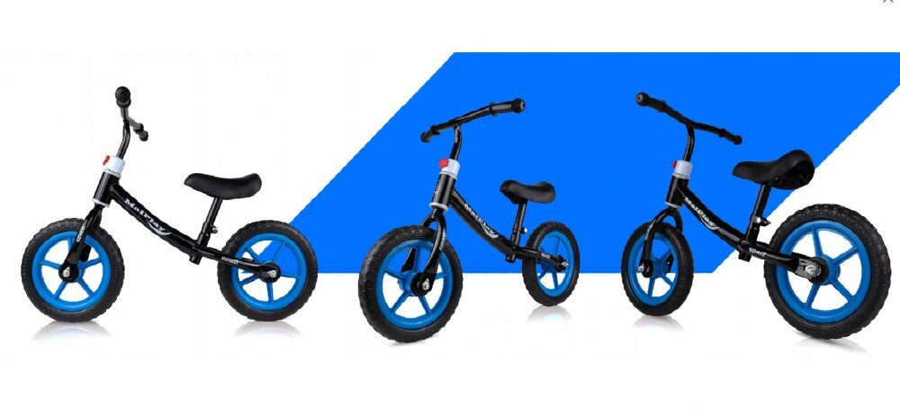 MalPlay Bicicleta fara pedale cu roti de 12 inch din spuma EVA cu scaun si ghidon reglabile in inaltime Push Sport Blue inaltime sezut 29-34 cm de la 3 ani inaltime recomandata 80-108 cm
