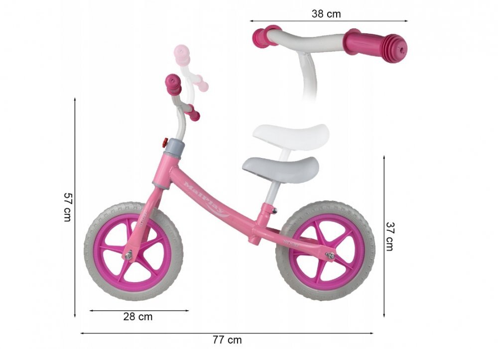 MalPlay Bicicleta fara pedale cu roti de 12 inch din spuma EVA cu scaun si ghidon reglabile in inaltime Push Sport Roz inaltime sezut 29-34 cm de la 3 ani inaltime recomandata 80-108 cm