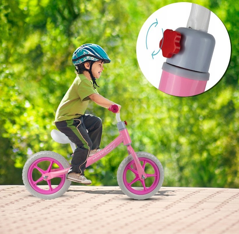 MalPlay Bicicleta fara pedale cu roti de 12 inch din spuma EVA cu scaun si ghidon reglabile in inaltime Push Sport Roz inaltime sezut 29-34 cm de la 3 ani inaltime recomandata 80-108 cm