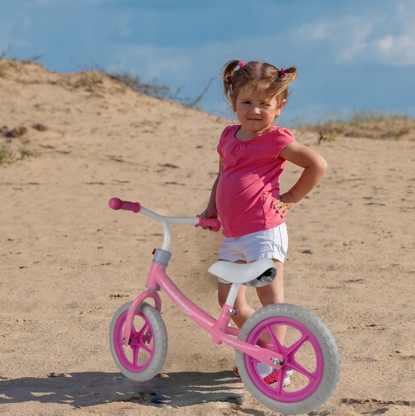 MalPlay Bicicleta fara pedale cu roti de 12 inch din spuma EVA cu scaun si ghidon reglabile in inaltime Push Sport Roz inaltime sezut 29-34 cm de la 3 ani inaltime recomandata 80-108 cm