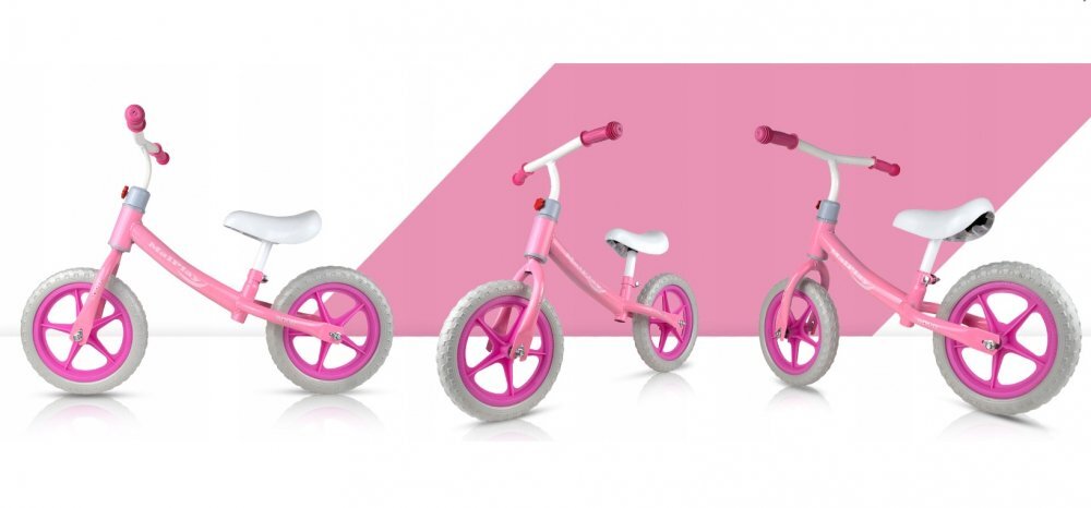 MalPlay Bicicleta fara pedale cu roti de 12 inch din spuma EVA cu scaun si ghidon reglabile in inaltime Push Sport Roz inaltime sezut 29-34 cm de la 3 ani inaltime recomandata 80-108 cm