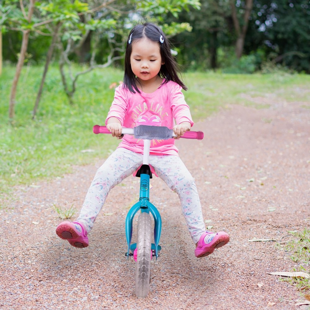 MalPlay Bicicleta fara pedale cu roti de 12 inch din spuma EVA cu scaun si ghidon reglabile in inaltime Push Sport RozAlbastru inaltime sezut 29-34 cm de la 3 ani inaltime recomandata 80-108 cm