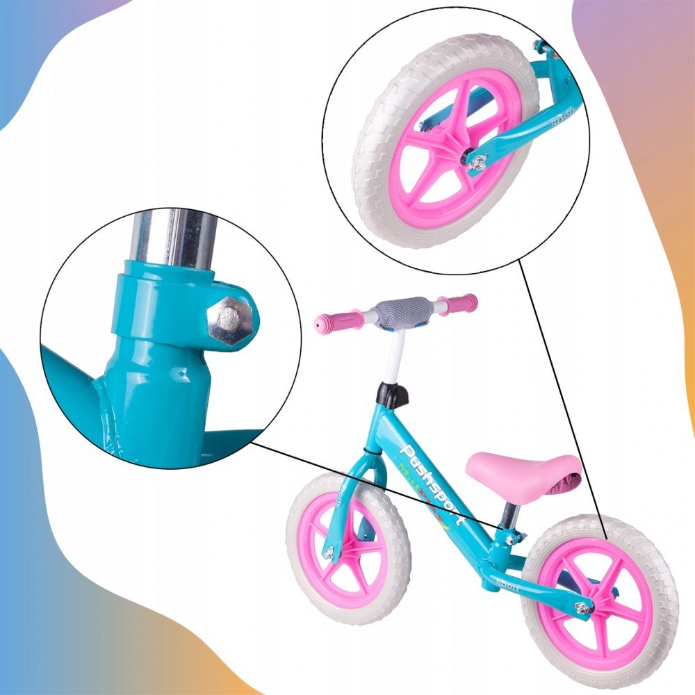 MalPlay Bicicleta fara pedale cu roti de 12 inch din spuma EVA cu scaun si ghidon reglabile in inaltime Push Sport RozAlbastru inaltime sezut 29-34 cm de la 3 ani inaltime recomandata 80-108 cm
