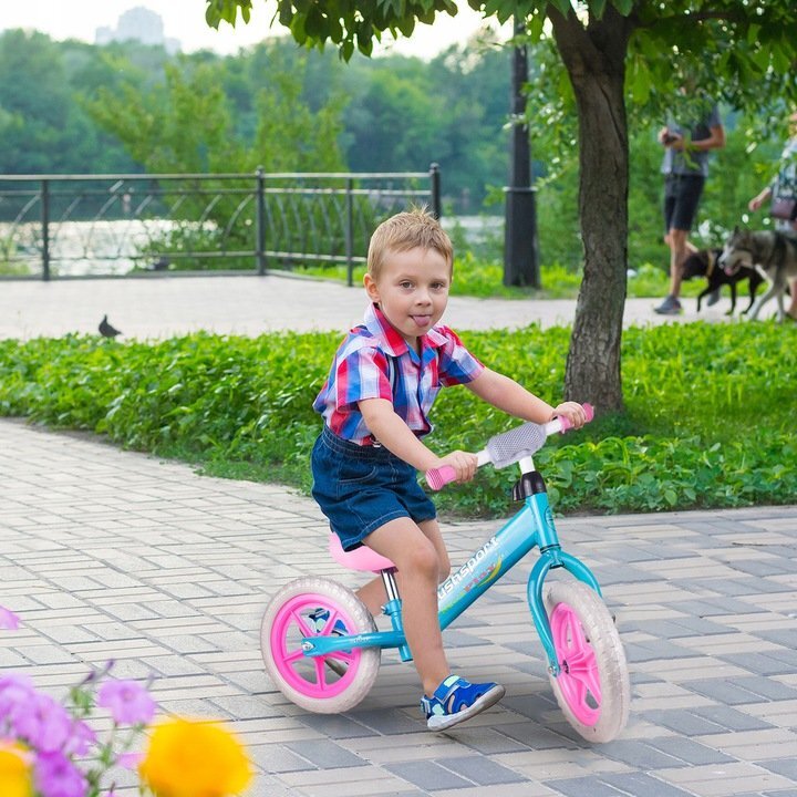 MalPlay Bicicleta fara pedale cu roti de 12 inch din spuma EVA cu scaun si ghidon reglabile in inaltime Push Sport RozAlbastru inaltime sezut 29-34 cm de la 3 ani inaltime recomandata 80-108 cm
