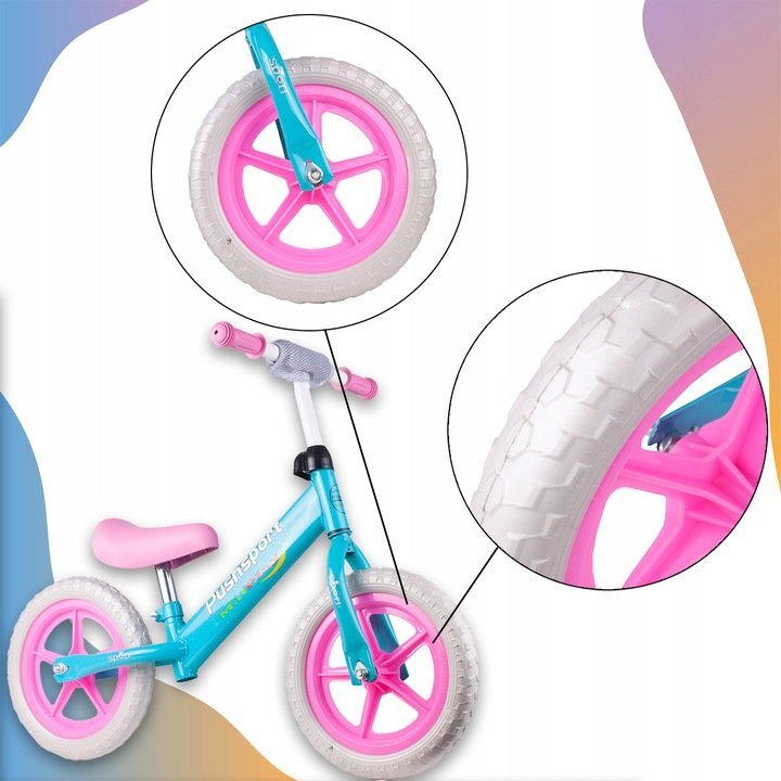 MalPlay Bicicleta fara pedale cu roti de 12 inch din spuma EVA cu scaun si ghidon reglabile in inaltime Push Sport RozAlbastru inaltime sezut 29-34 cm de la 3 ani inaltime recomandata 80-108 cm