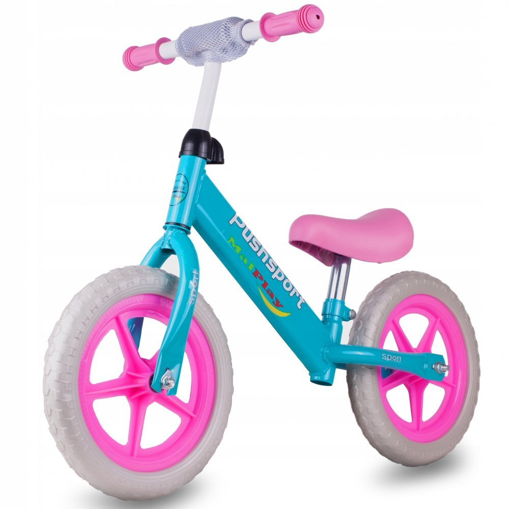 MalPlay Bicicleta fara pedale cu roti de 12 inch din spuma EVA cu scaun si ghidon reglabile in inaltime Push Sport RozAlbastru inaltime sezut 29-34 cm de la 3 ani inaltime recomandata 80-108 cm