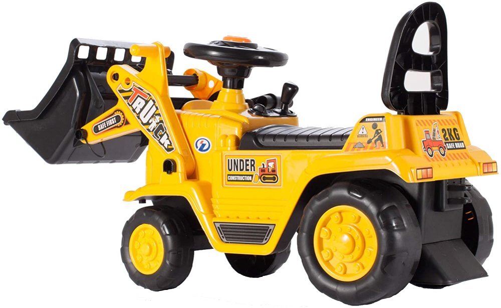 MalPlay Buldozer copii fara pedale Under Construction Galben prevazut cu cheie cupa mobila spatiu depozitare sub scaun greutatea maxima suportata 27 kg
