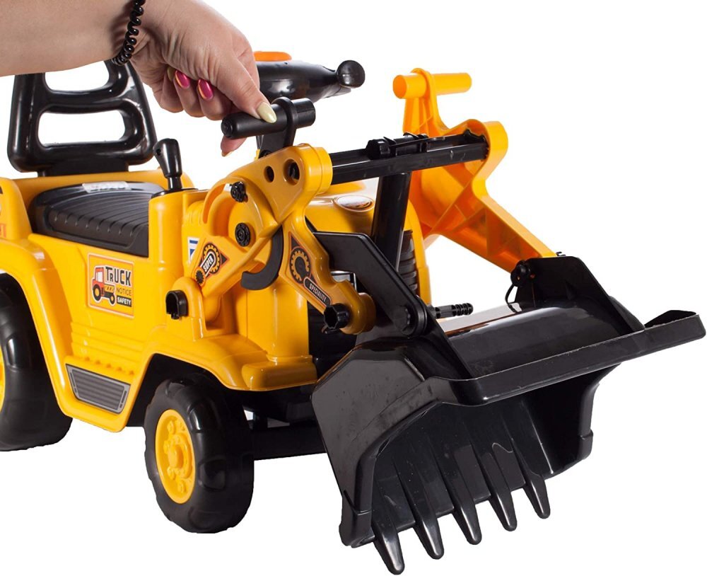 MalPlay Buldozer copii fara pedale Under Construction Galben prevazut cu cheie cupa mobila spatiu depozitare sub scaun greutatea maxima suportata 27 kg