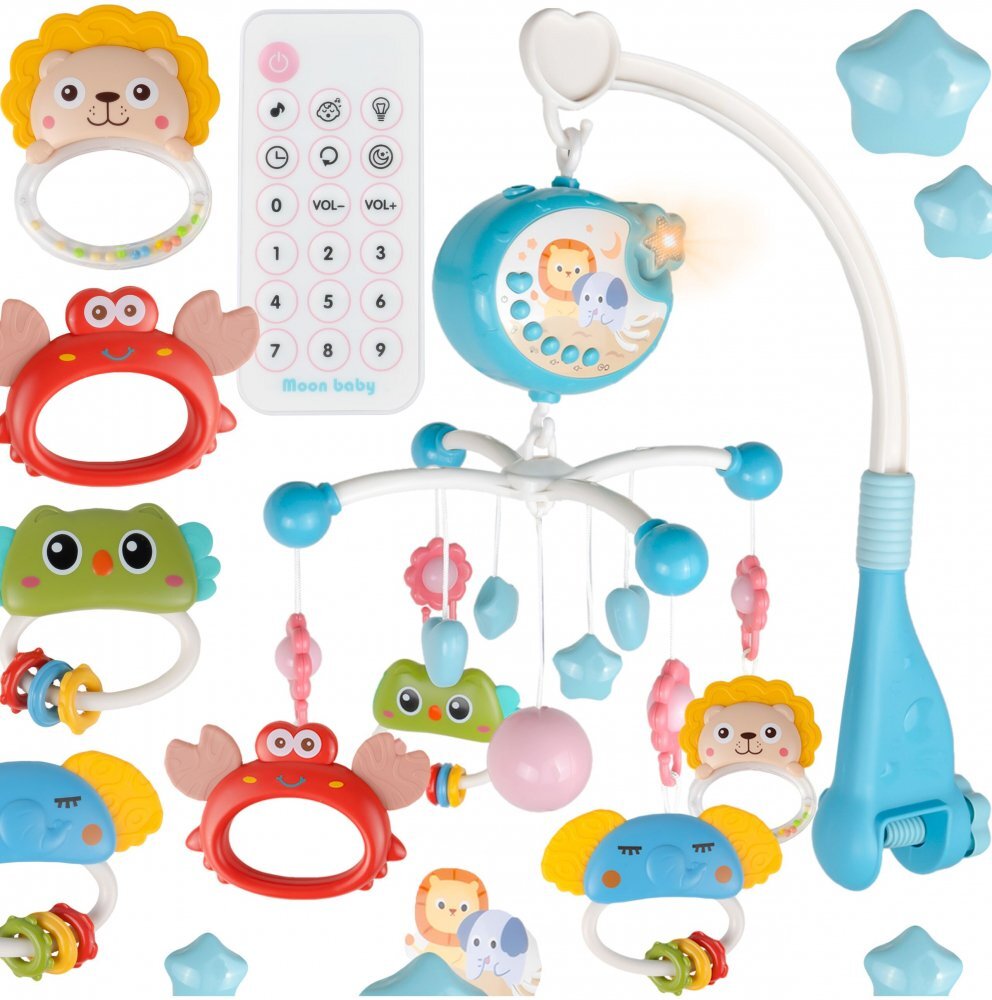 MalPlay Carusel muzical cu rotire 360 de grade cu pandantive colorate cronometru pronuntie numere in engleza cantece vesele proiector si Telecomanda Blue