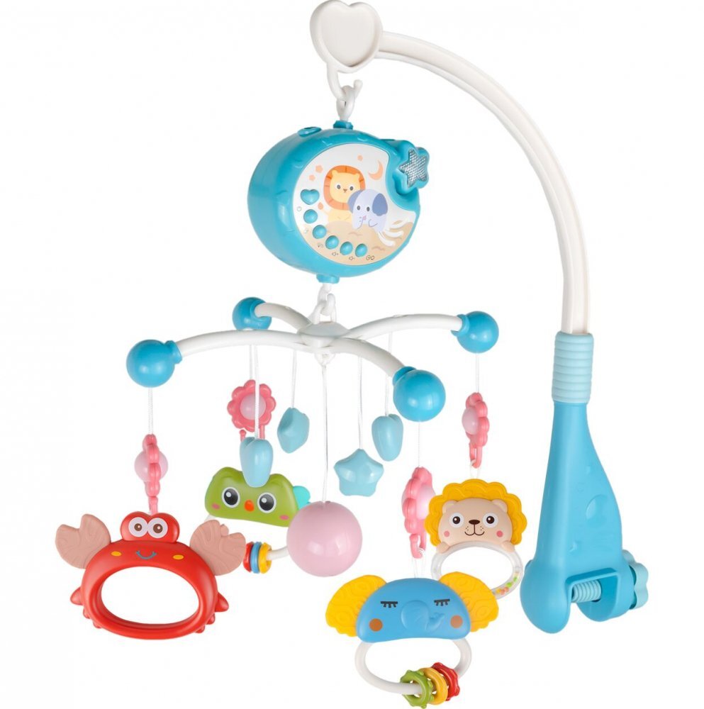 MalPlay Carusel muzical cu rotire 360 de grade cu pandantive colorate cronometru pronuntie numere in engleza cantece vesele proiector si Telecomanda Blue