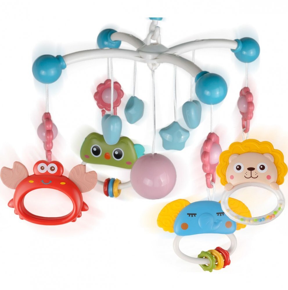 MalPlay Carusel muzical cu rotire 360 de grade cu pandantive colorate cronometru pronuntie numere in engleza cantece vesele proiector si Telecomanda Blue