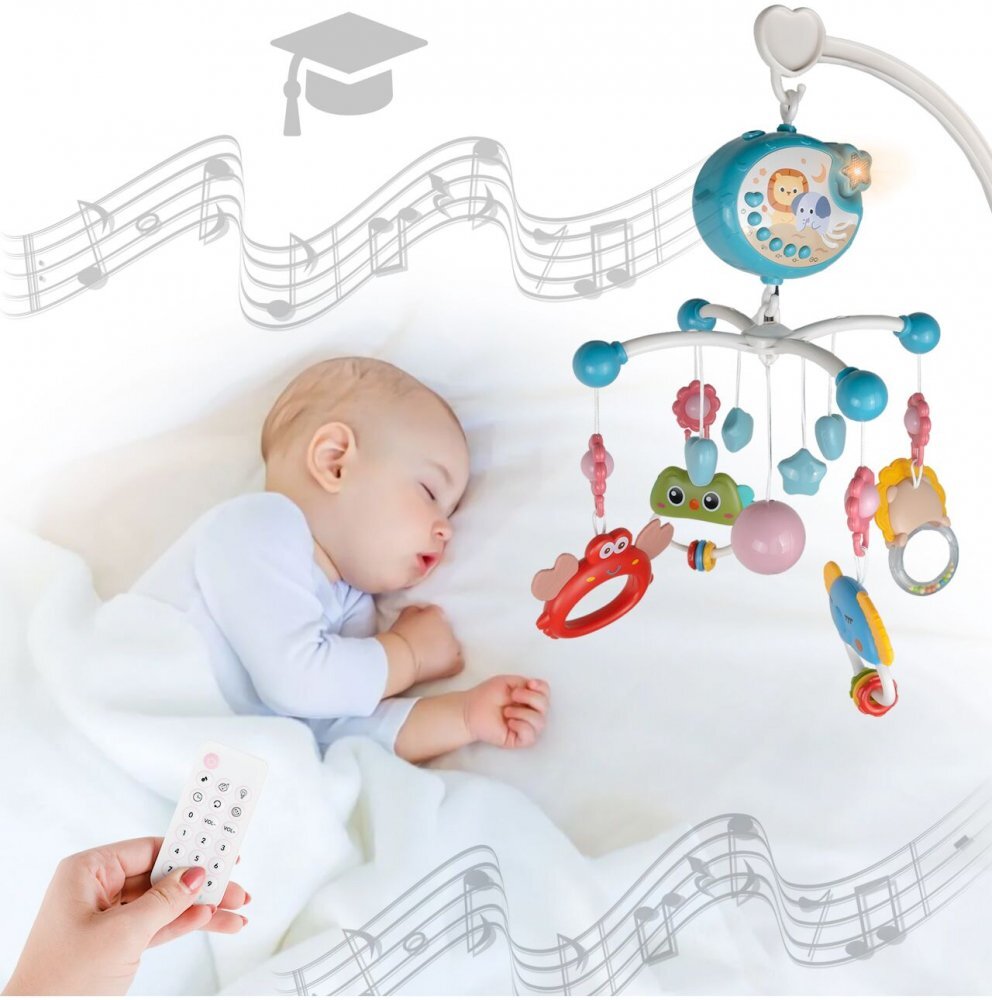 MalPlay Carusel muzical cu rotire 360 de grade cu pandantive colorate cronometru pronuntie numere in engleza cantece vesele proiector si Telecomanda Blue
