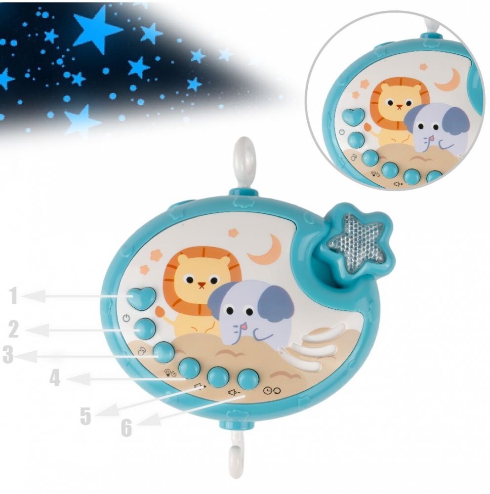 MalPlay Carusel muzical cu rotire 360 de grade cu pandantive colorate cronometru pronuntie numere in engleza cantece vesele proiector si Telecomanda Blue