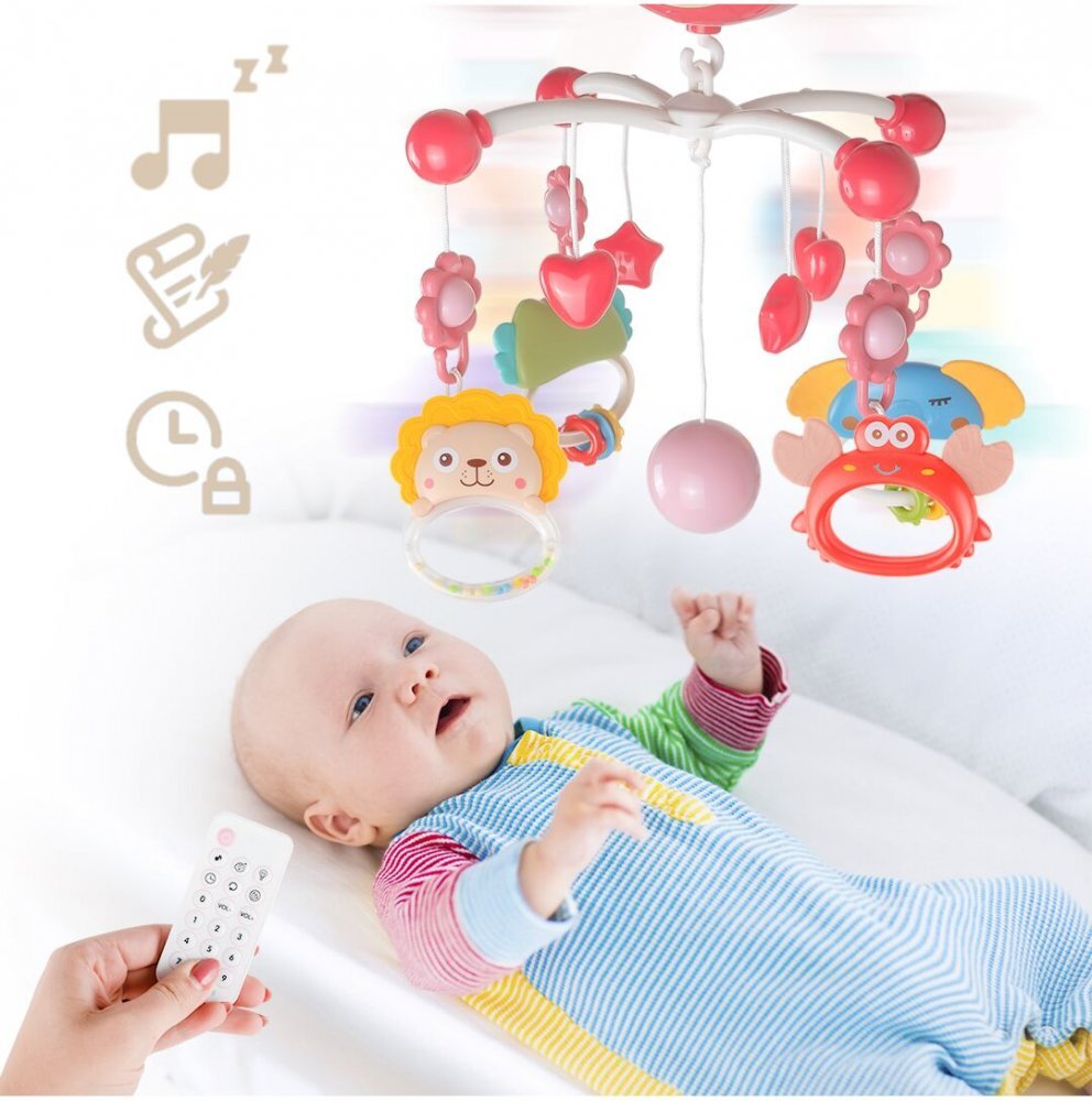 MalPlay Carusel muzical cu rotire 360 de grade cu pandantive colorate cronometru pronuntie numere in engleza cntece vesele proiector si Telecomanda Roz