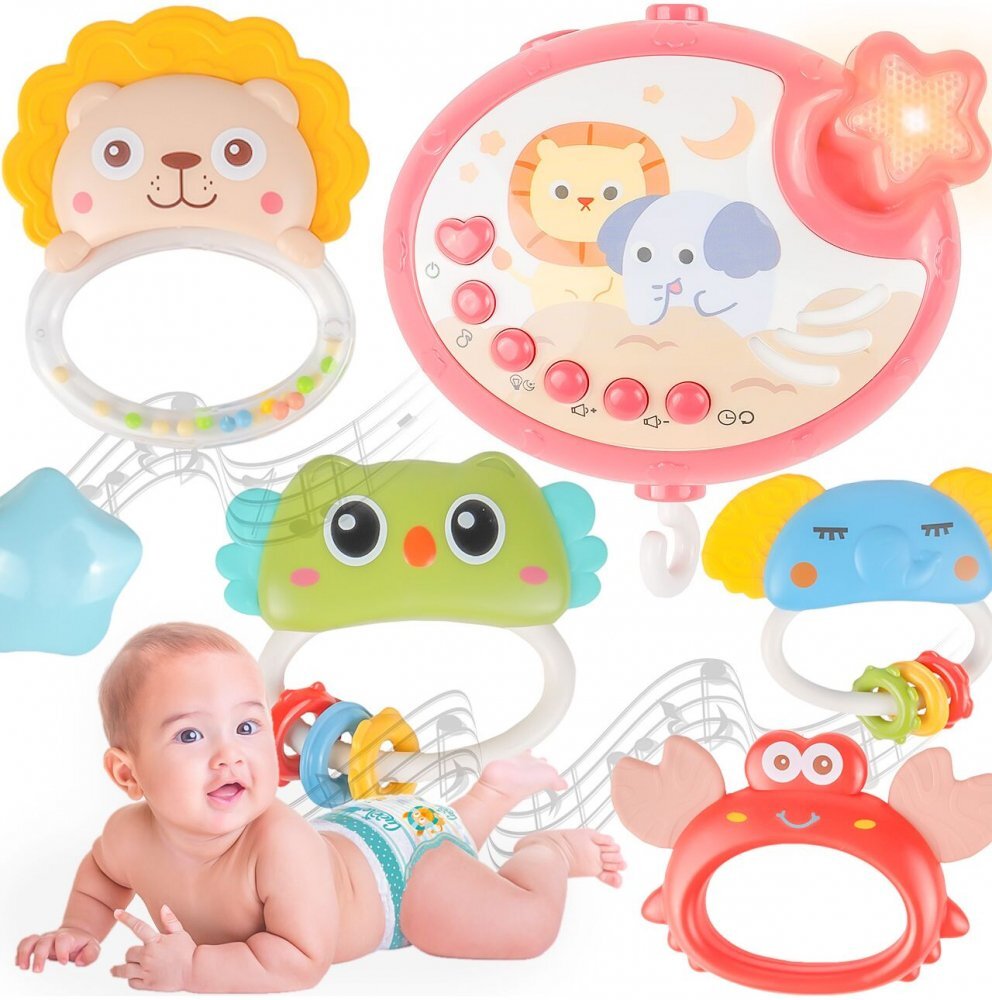MalPlay Carusel muzical cu rotire 360 de grade cu pandantive colorate cronometru pronuntie numere in engleza cntece vesele proiector si Telecomanda Roz