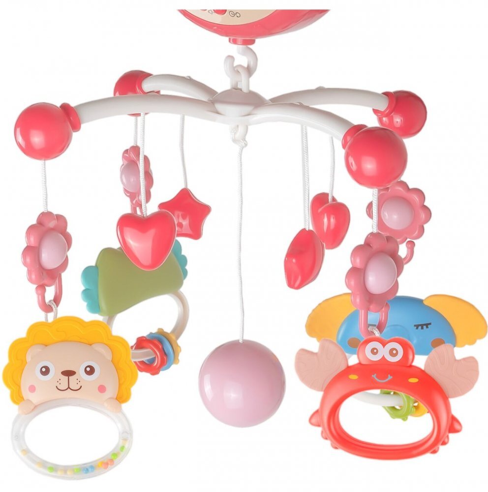 MalPlay Carusel muzical cu rotire 360 de grade cu pandantive colorate cronometru pronuntie numere in engleza cntece vesele proiector si Telecomanda Roz