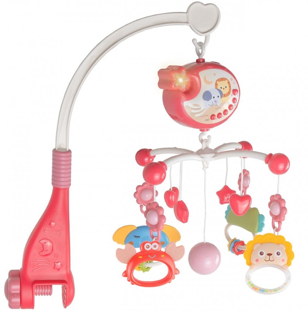 MalPlay Carusel muzical cu rotire 360 de grade cu pandantive colorate cronometru pronuntie numere in engleza cntece vesele proiector si Telecomanda Roz