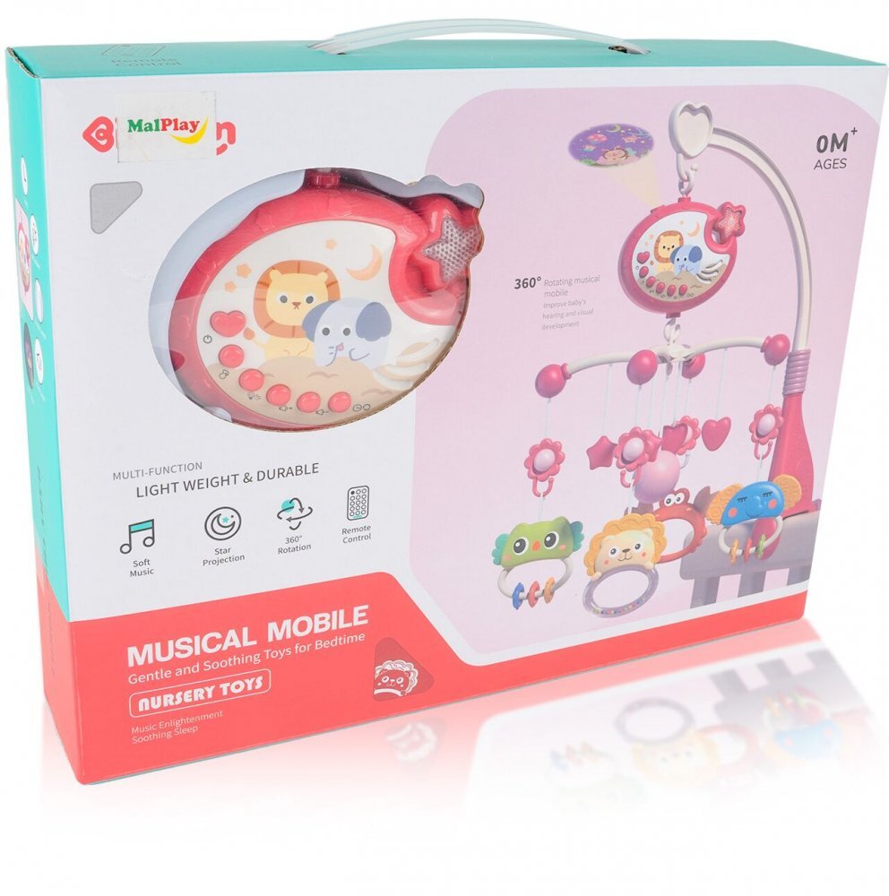 MalPlay Carusel muzical cu rotire 360 de grade cu pandantive colorate cronometru pronuntie numere in engleza cntece vesele proiector si Telecomanda Roz