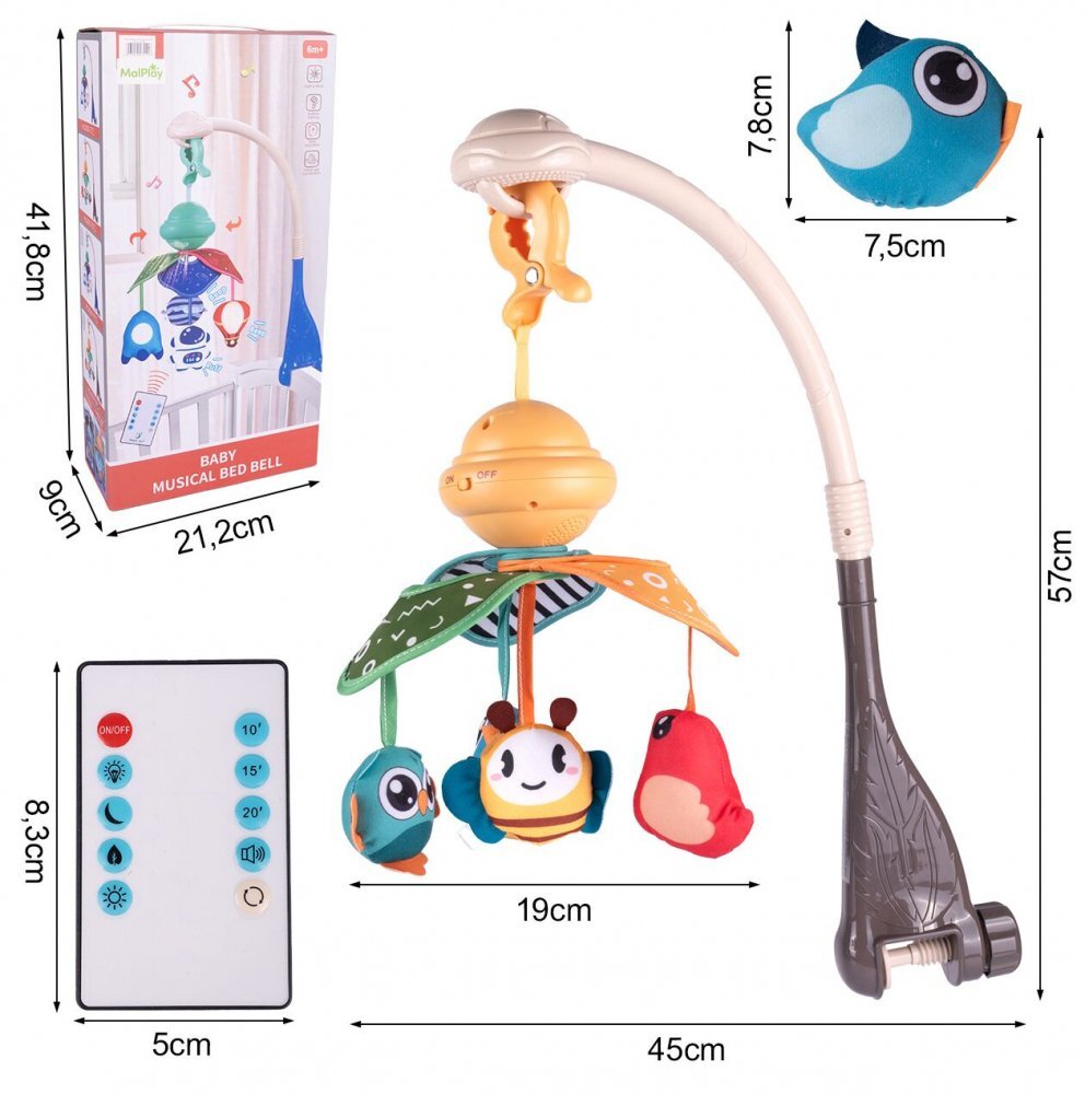 MalPlay Carusel muzical cu telecomanda pentru patut Birds
