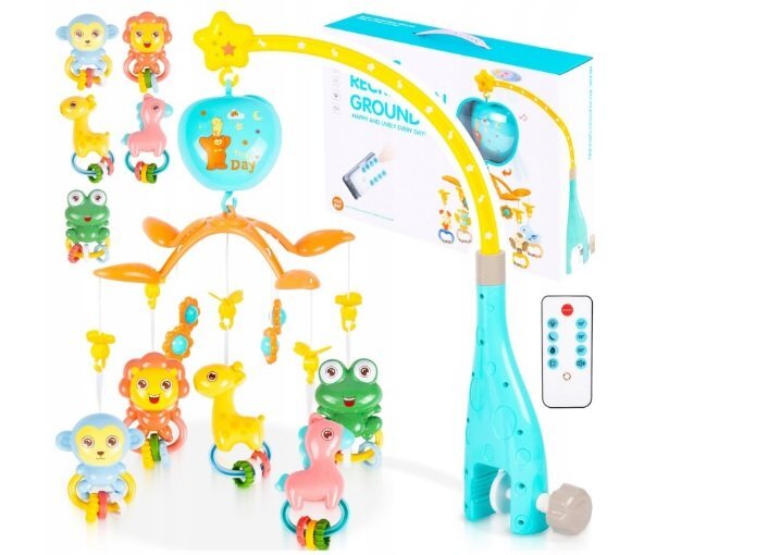 MalPlay Carusel muzical cu telecomanda pentru patut copii Apple cu jucarii si zornaitoare suspendate dimensiune 50 x 32 x 54 cm