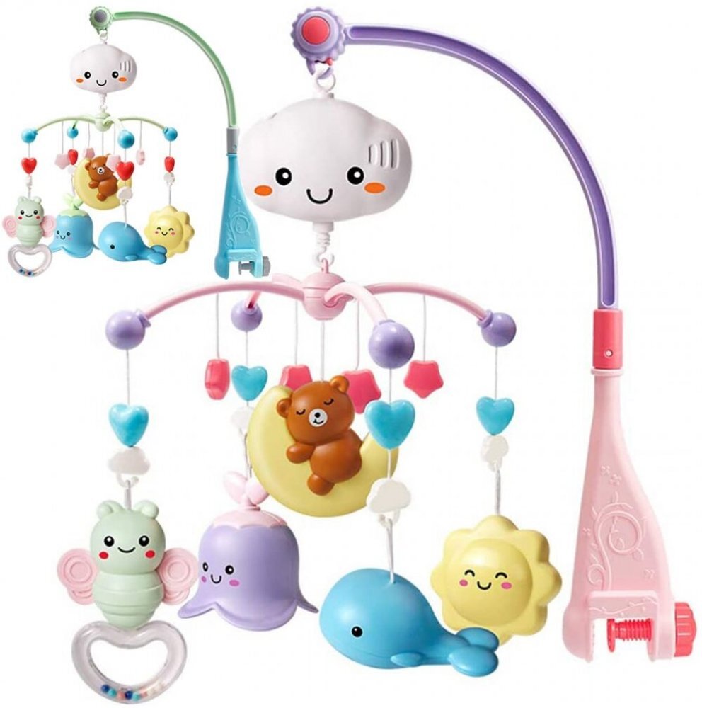 MalPlay Carusel muzical pentru bebelusi cu Proiector Moon Bear Pink