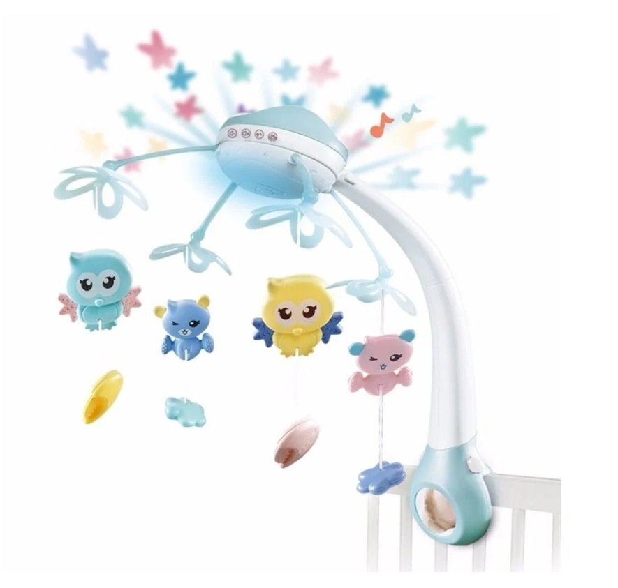 MalPlay Carusel muzical pentru copii cu 13 melodii rotire completa de 360 de grade 4 jucarii suspendate proiectii luminoase si telecomanda 56 x 40 x 43 cm blue