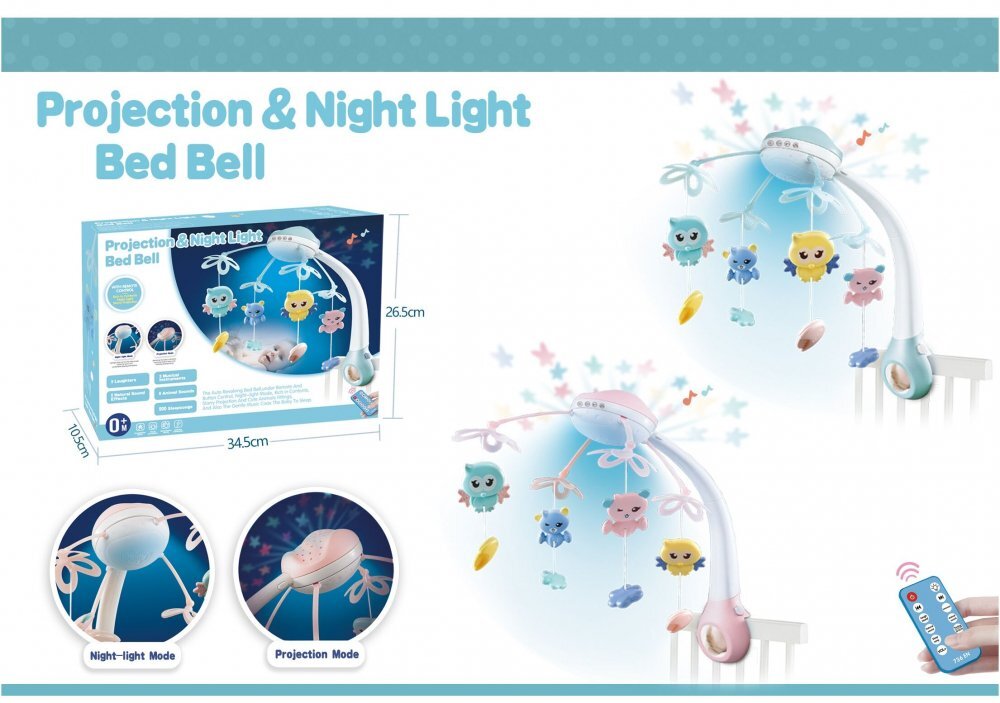 MalPlay Carusel muzical pentru copii cu 13 melodii rotire completa de 360 de grade 4 jucarii suspendate proiectii luminoase si telecomanda 56 x 40 x 43 cm blue