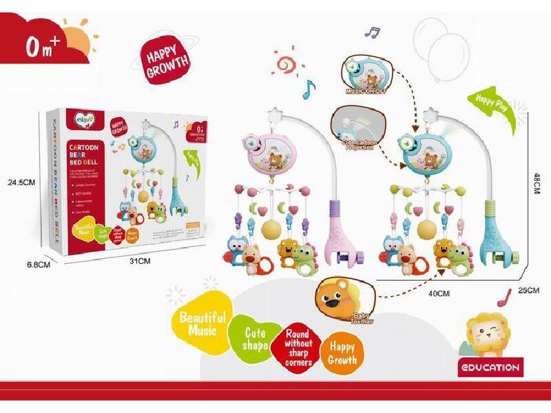 MalPlay Carusel muzical pentru patut copii Blue cu sistem de prindere universal si 5 pandative suspendate