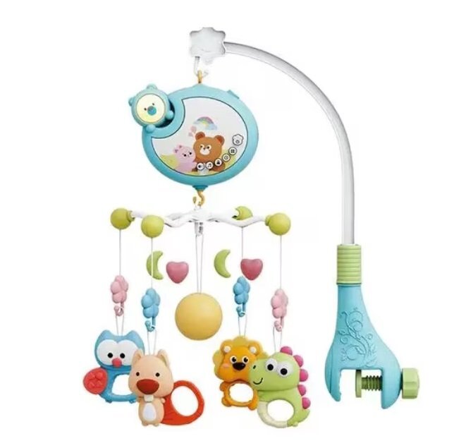 MalPlay Carusel muzical pentru patut copii Blue cu sistem de prindere universal si 5 pandative suspendate