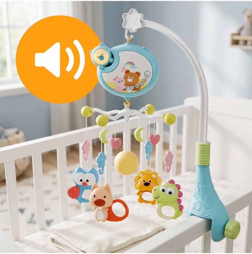 MalPlay Carusel muzical pentru patut copii Blue cu sistem de prindere universal si 5 pandative suspendate