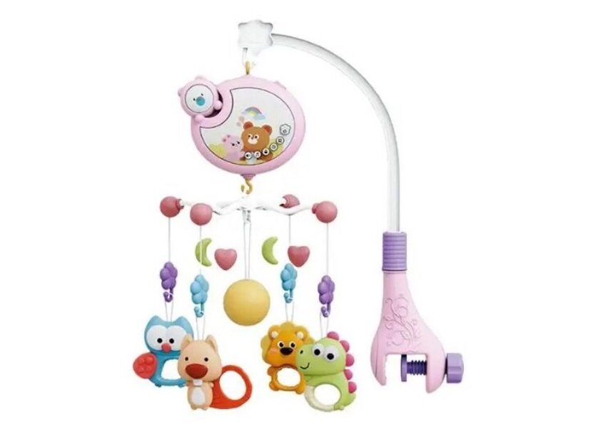 MalPlay Carusel muzical pentru patut copii Pink cu sistem de prindere universal si 5 pandative suspendate