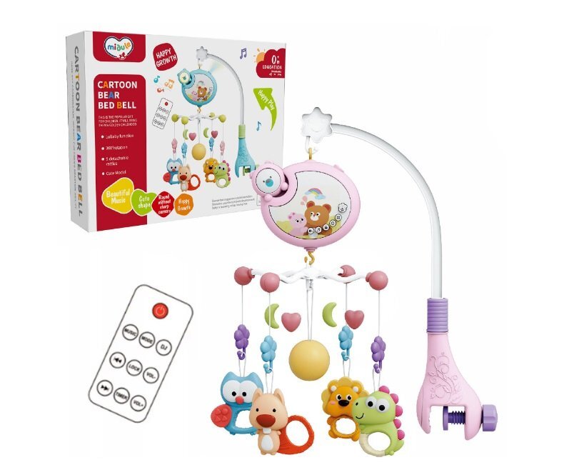 MalPlay Carusel muzical pentru patut copii Pink cu sistem de prindere universal si 5 pandative suspendate