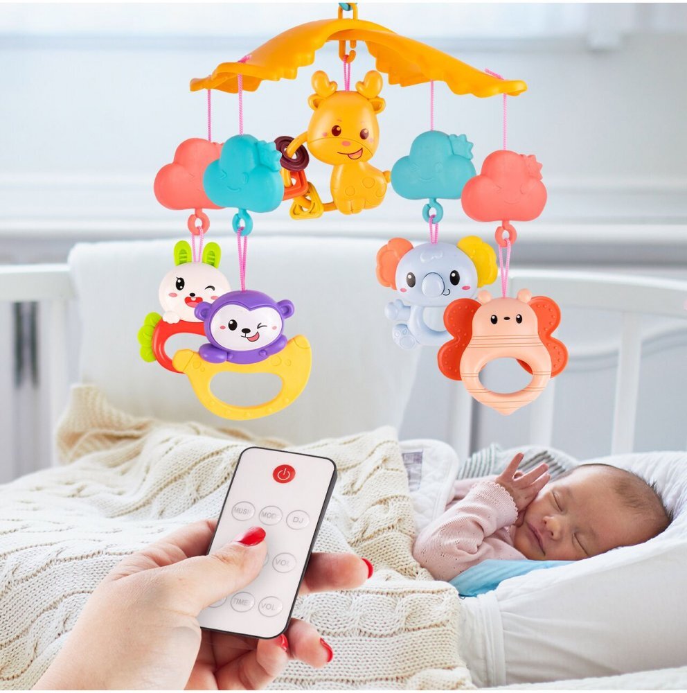 MalPlay Carusel muzical pentru patut cu Proiector Telecomanda rotire 360 si cinci pandantive incluse