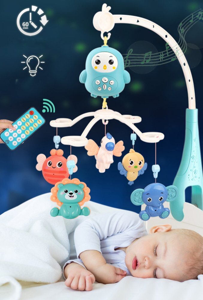 MalPlay Carusel muzical pentru patut rotativ 360 grade cu Zornaitori Cantece de leagan melodii in engleza si povesti controlat prin telecomanda 53 x 45 x 26.5 cm Bufnita